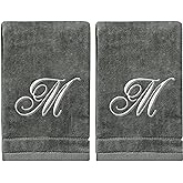 Personalized Initial Fingertip Towels - 2 Pack 11 x 18 Inches - Silver Embroidery On Gray Towel, Modern Monogrammed Towels, Great Initial Gift for Women, Teachers, Friends, Bridesmaids Initial M