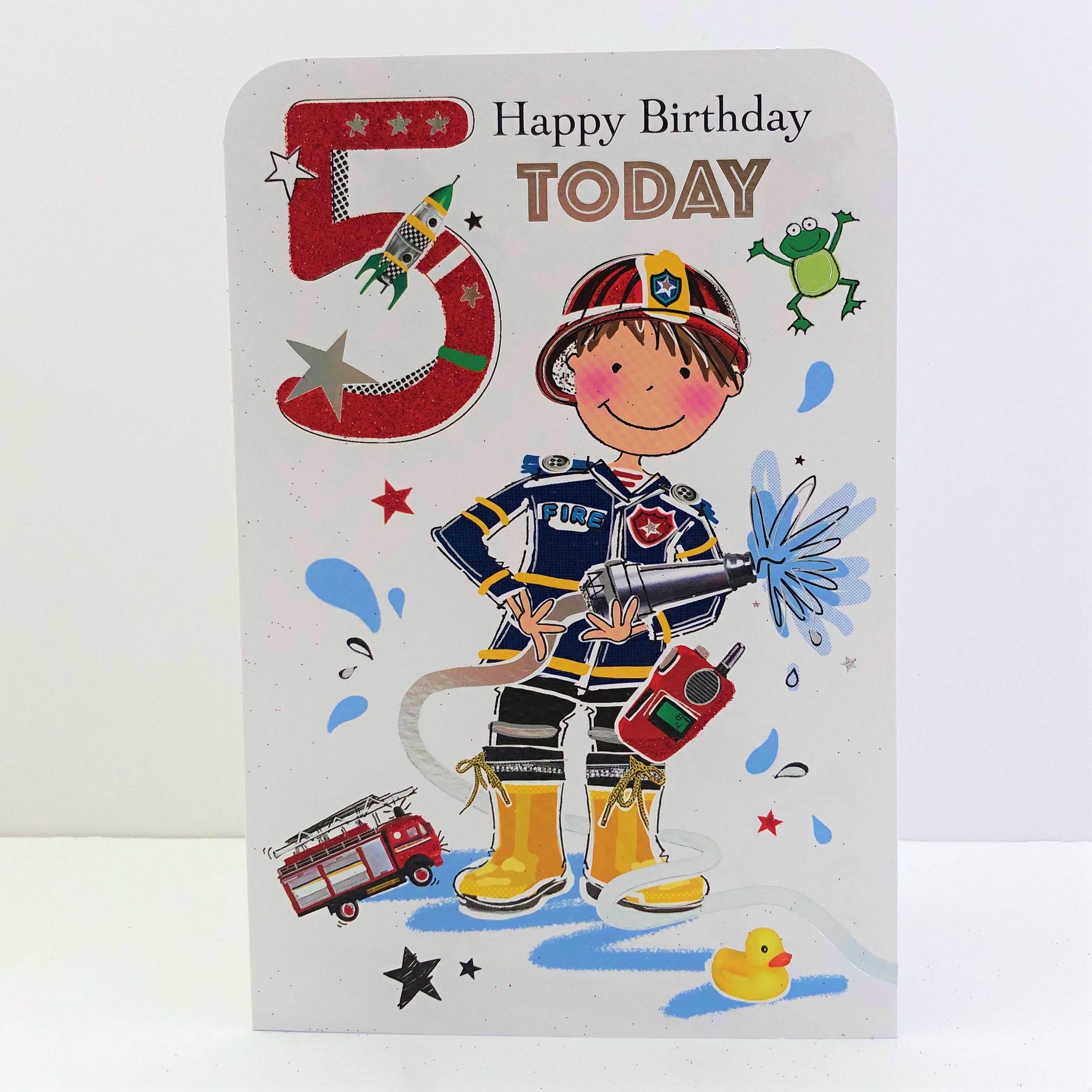 Jonny Javelin Boy Age 5 Birthday Card - Fireman