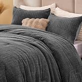 ChiXpace Fleece Queen Comforter Set Grey, Fluffy Flannel Bed Set 3 Pieces | Ultra Soft&amp; Warm, Fuzzy Cozy Leaves Pattern Faux Fur Comforter for All Season, Luxury Furry Velvet Bedding with 2 Pillowcases
