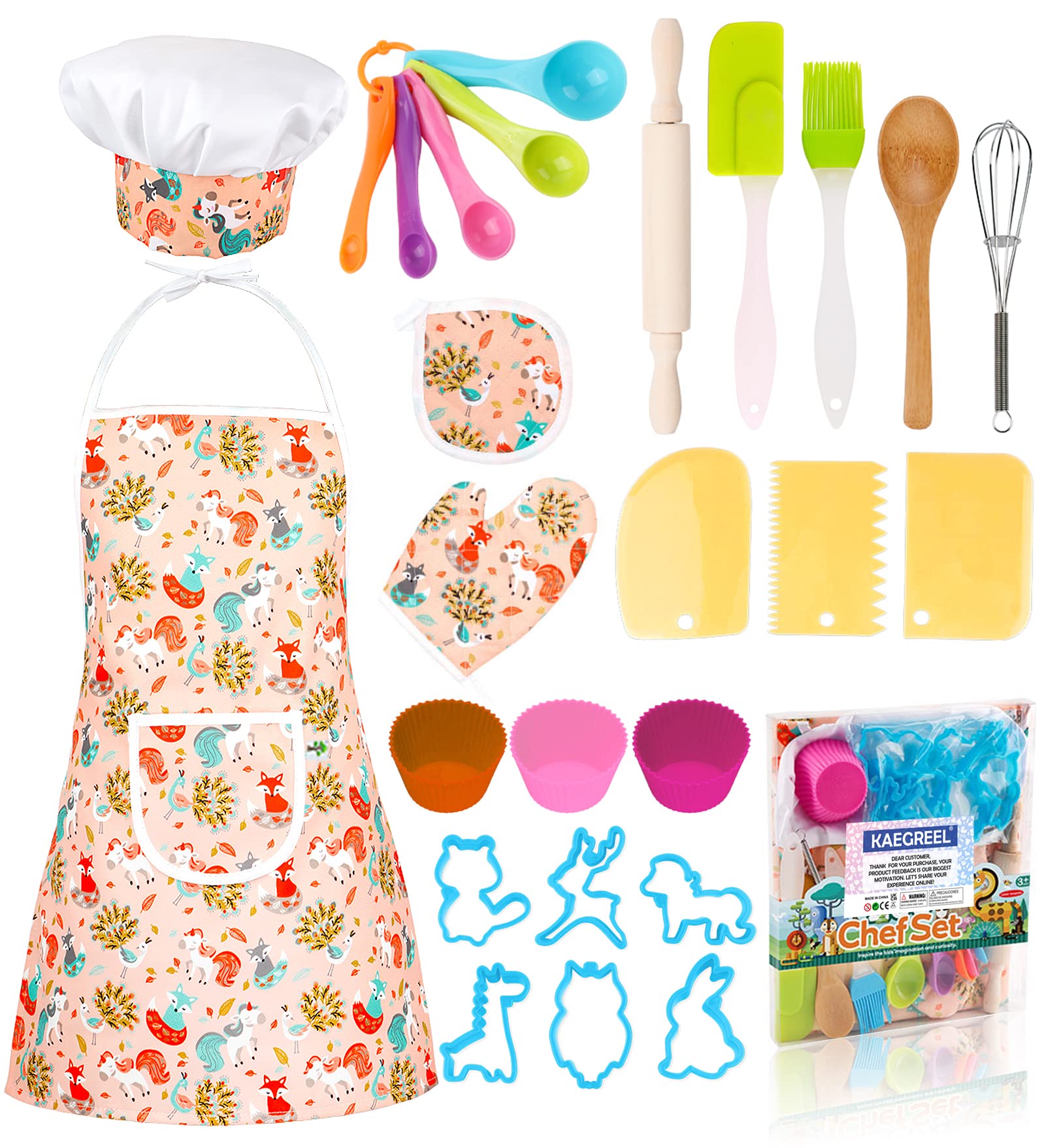 KAEGREEL Kids Baking Chef Set with Unicorn Apron, 26pcs Kitchen Toys Kid Cooking Set with Chef Hat Spoons Whisk, Chef Dress Up Role Play Gifts for Boys Girls 3 4 5 6 7 Years Old, Orange — image 1