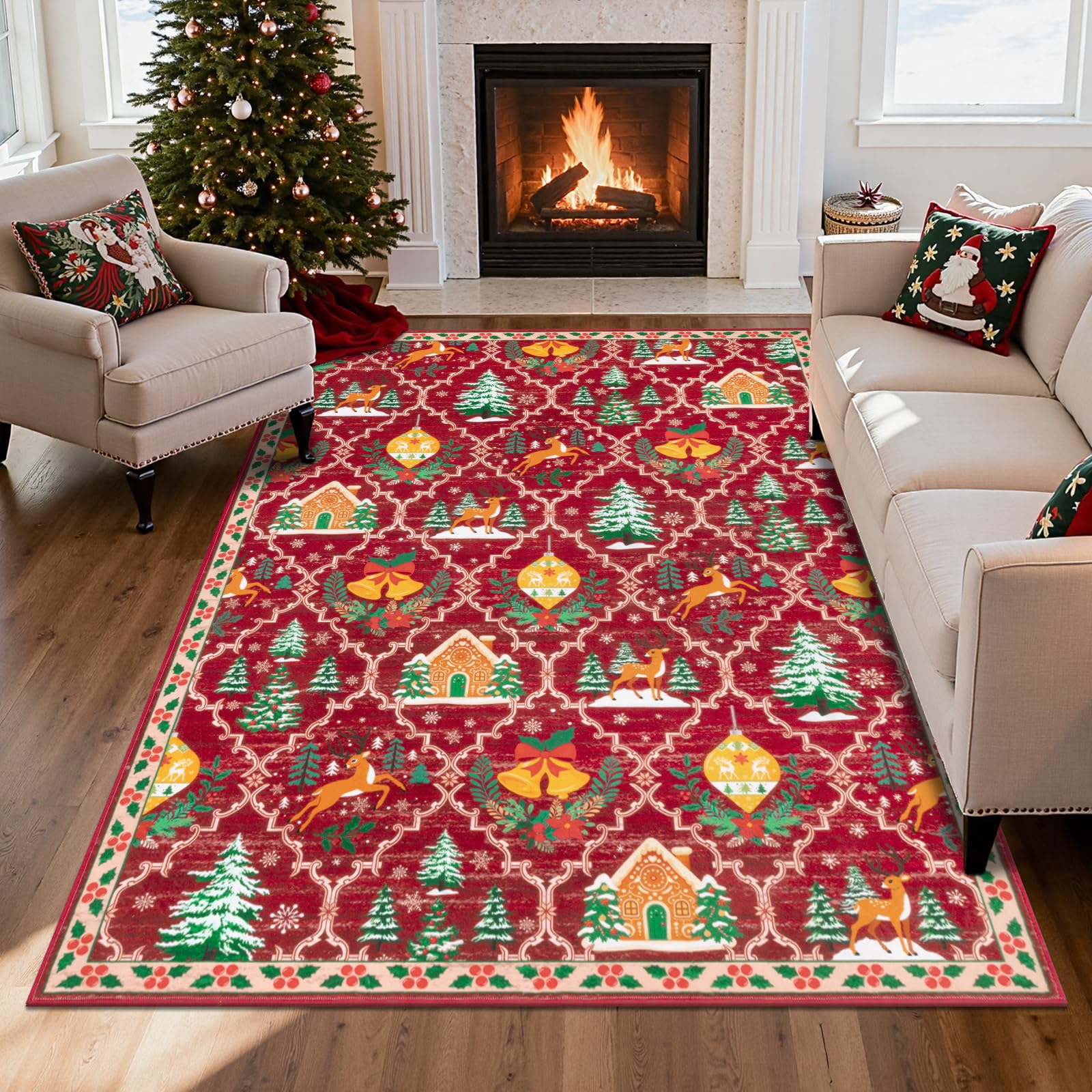 HEBE Christmas Area Rug 5'x7', Non Slip Farmhouse Red Rugs for Living Room, Washable Soft Area Rugs for Bedroom Christmas Low Pile Indoor Floor Carpet for Dining Room Xmas Holiday Decor Image