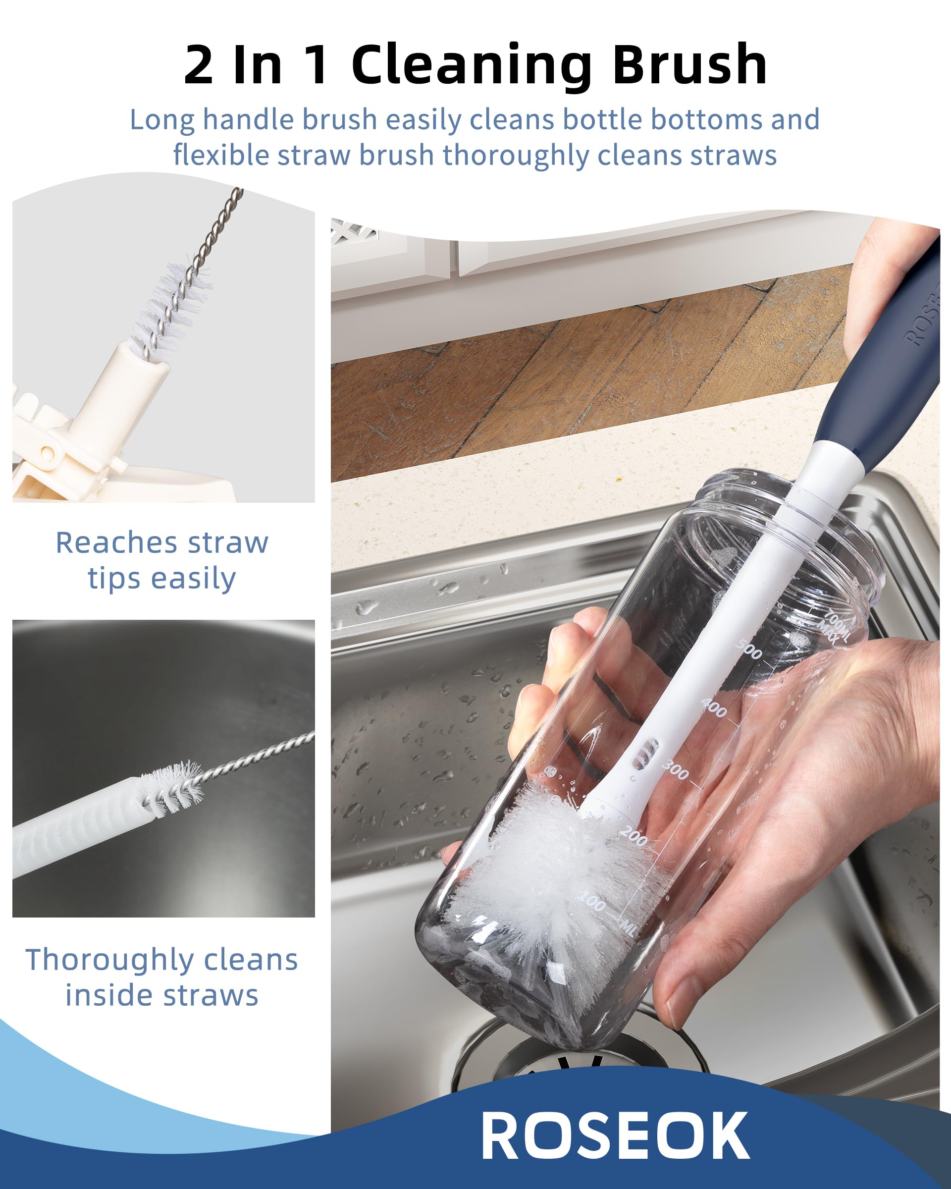 2 in 1 Long Handle Bottle Brush with Straw Brush for Cleaning Glass, Sports Bottle, Coffee Mug,Navy Blue,1 Pack