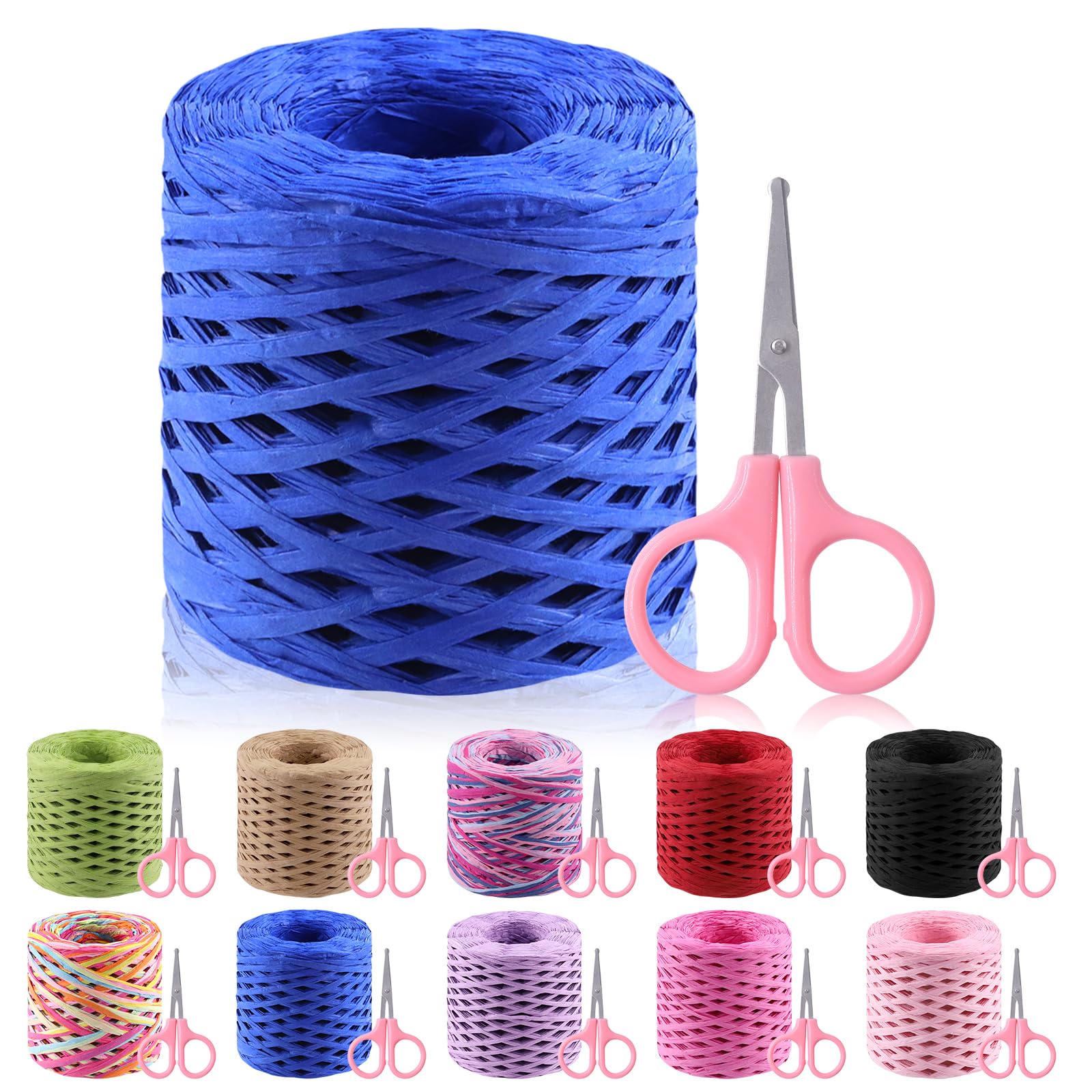 GLARKS 200m Raffia Ribbon with Scissors Set, Royal Blue Raffia Paper Craft Ribbon Natural Raffia String Kraft Packing Ribbon Twine Ribbon for Gift Wrapping Packing Crafting Supplies