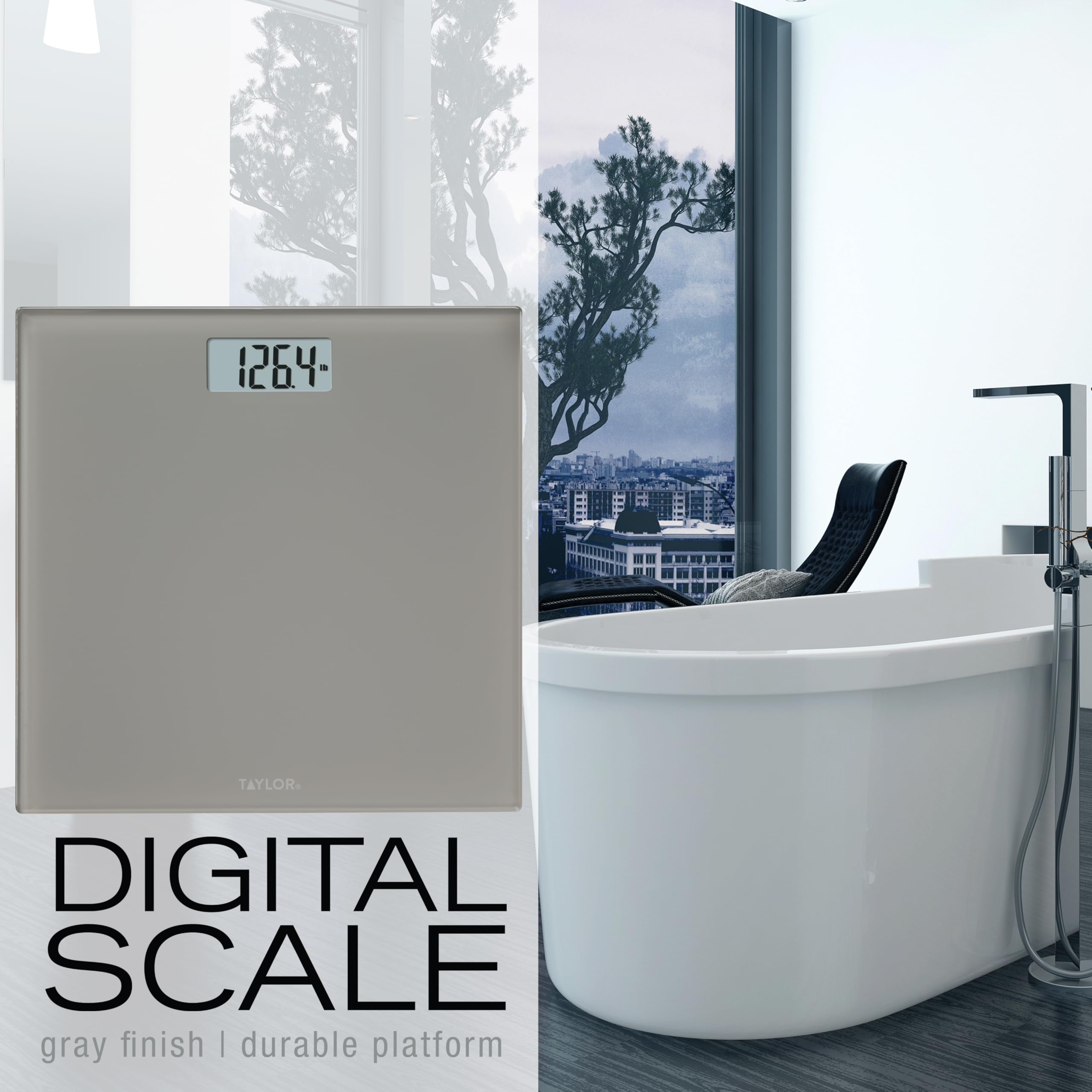 Taylor Digital Scales for Body Weight, Highly Accurate 350 LB Capacity Bathroom Scale, 11.0 x 11.0 Inch Durable Glass Platform, Battery Powered, Easy to Read, Gray