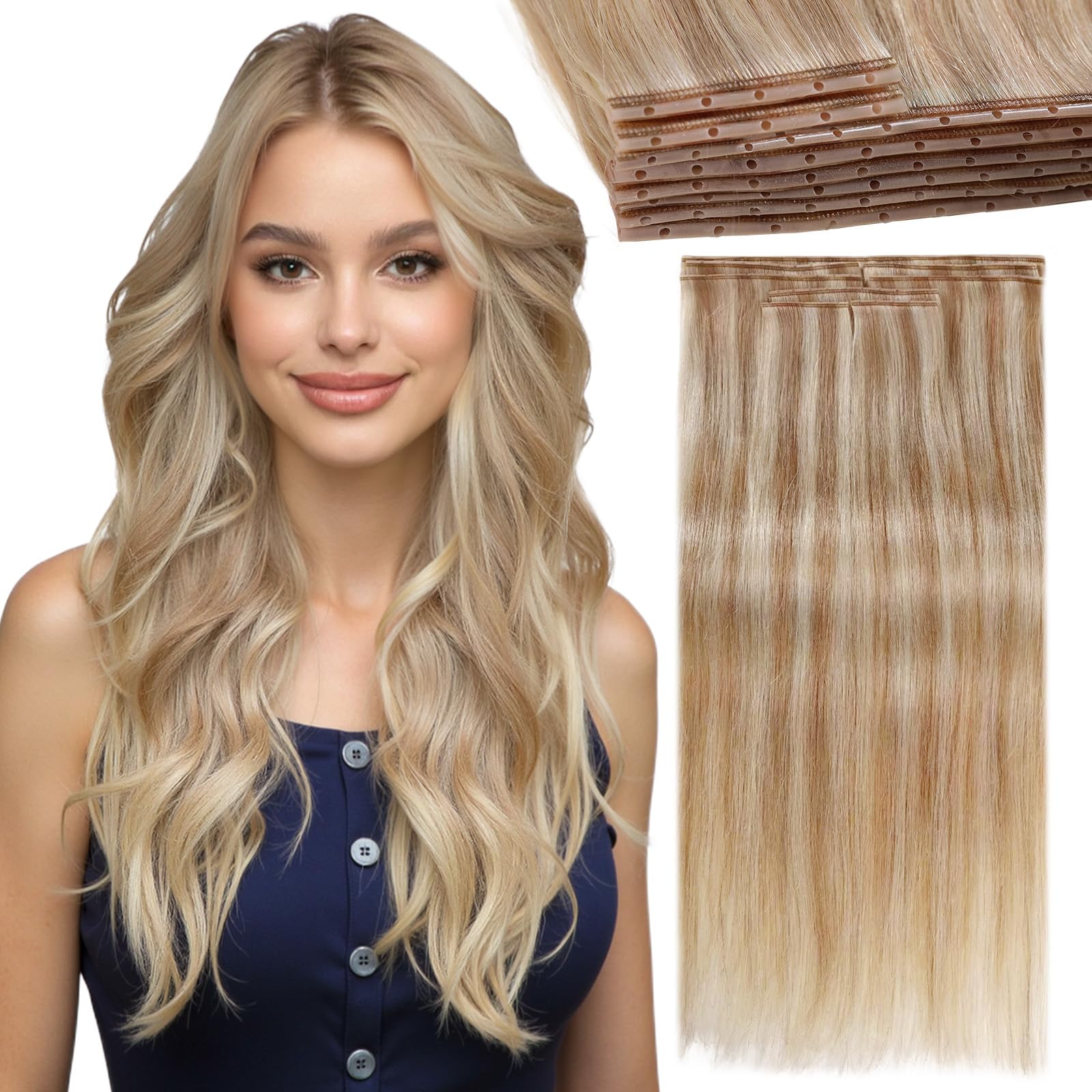 Photo 1 of LADY MIRANDA OVO Double Weft Human Hair Extensions 20 Inch 8Pcs 100g Weft Hair Extensions Human Hair Invisible PU Skin Weft Real Hair Extensions with Micro Beads (18/613, 20 Inch)