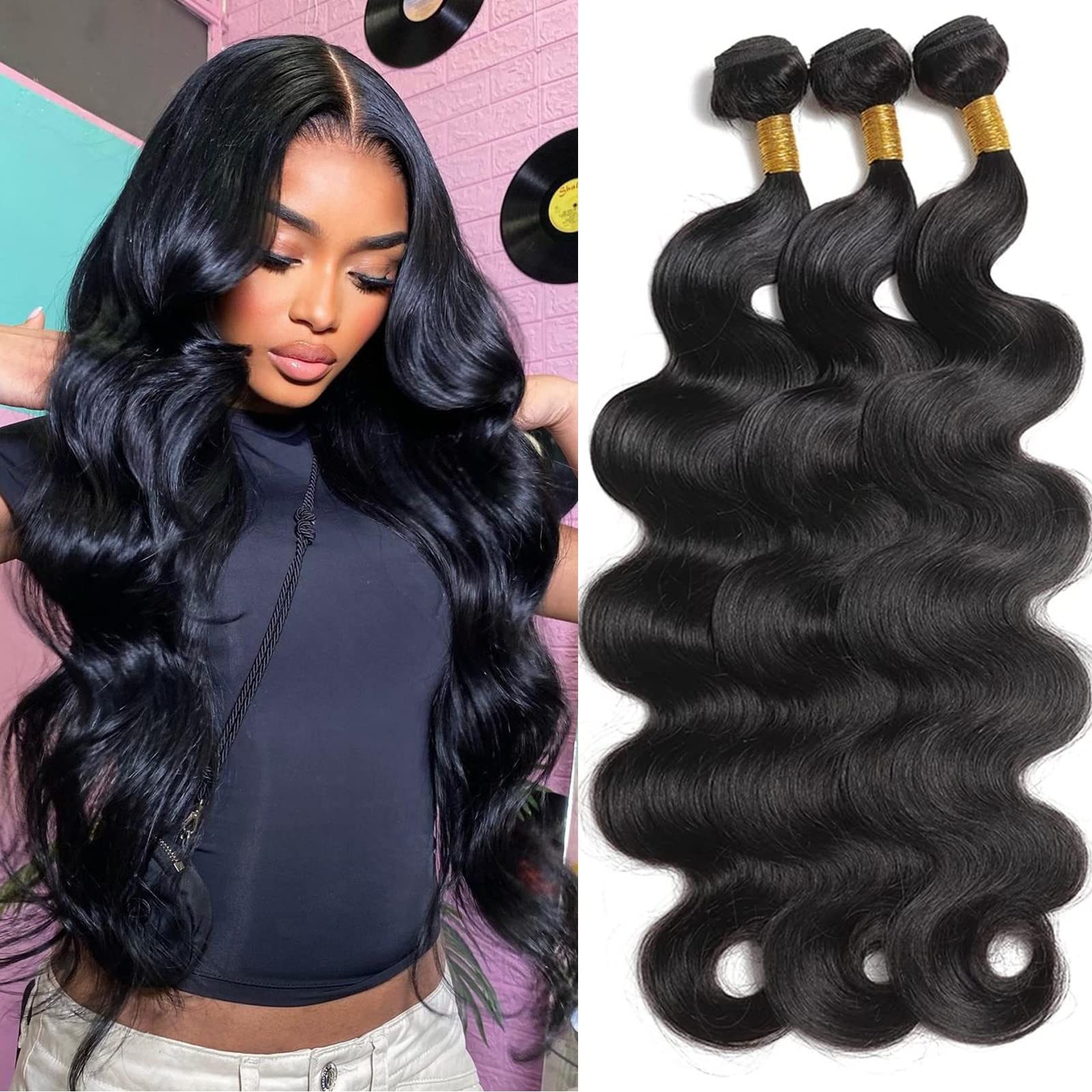 Brazilian Human Hair Bundles 20 22 24 Inch Body Wave Bundles Human Hair 12A 100% Unprocessed Virgin Hair Weave 3 Bundles Deals Natural Black Color (26 28 30 Inch, Body Wave 3 Bundles)