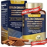 Totaria 18-in-1 Organic Ceylon Cinnamon Capsules 8000mg with Berberine, Ceylon Cinnamon Supplement w/Apple Cider Vinegar Turmeric Bitter Melon Milk Thistle, for Metabolism, Energy, Heart*, 120 Counts
