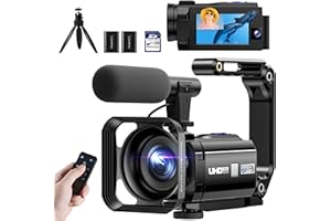 CAMWORLD 5K Camcorder Video Camera 56MP Vlogging Camera YouTube 16X Digital Zoom Webcam Anti-shake 3.0" 270° Rotation Touchscreen Dual Lens Cam corder with 64GB SD Card, 2 Batteries, Microphone, Remote, Tripod