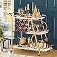 Aubtik Bar Cart, Gold Bar Carts for The Home, Serving Cart with Wine Glass Holder, 3-Tier Drink Carts with Wheels, Rolling Beverage Trolley for Kitchen, Dining, Living Room (Gold & Marbleized White)