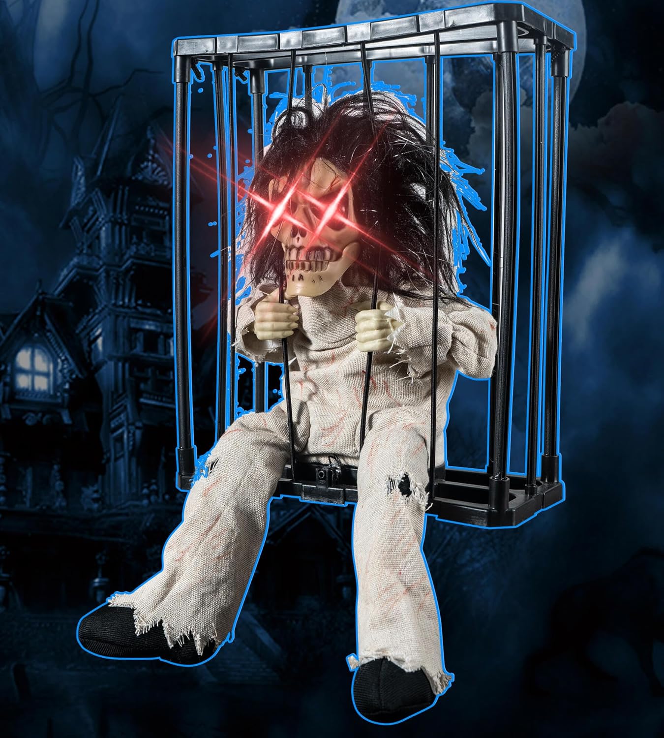 Garden Sculptures & Statues - Skeleton Animated Halloween Decorations, Screaming Halloween Decor with Motion Activated & Light Sensor, Spooky Prisoner Cage with Spider Web Haunted House Decorations by CRILEAL, Ghost with Long-hair