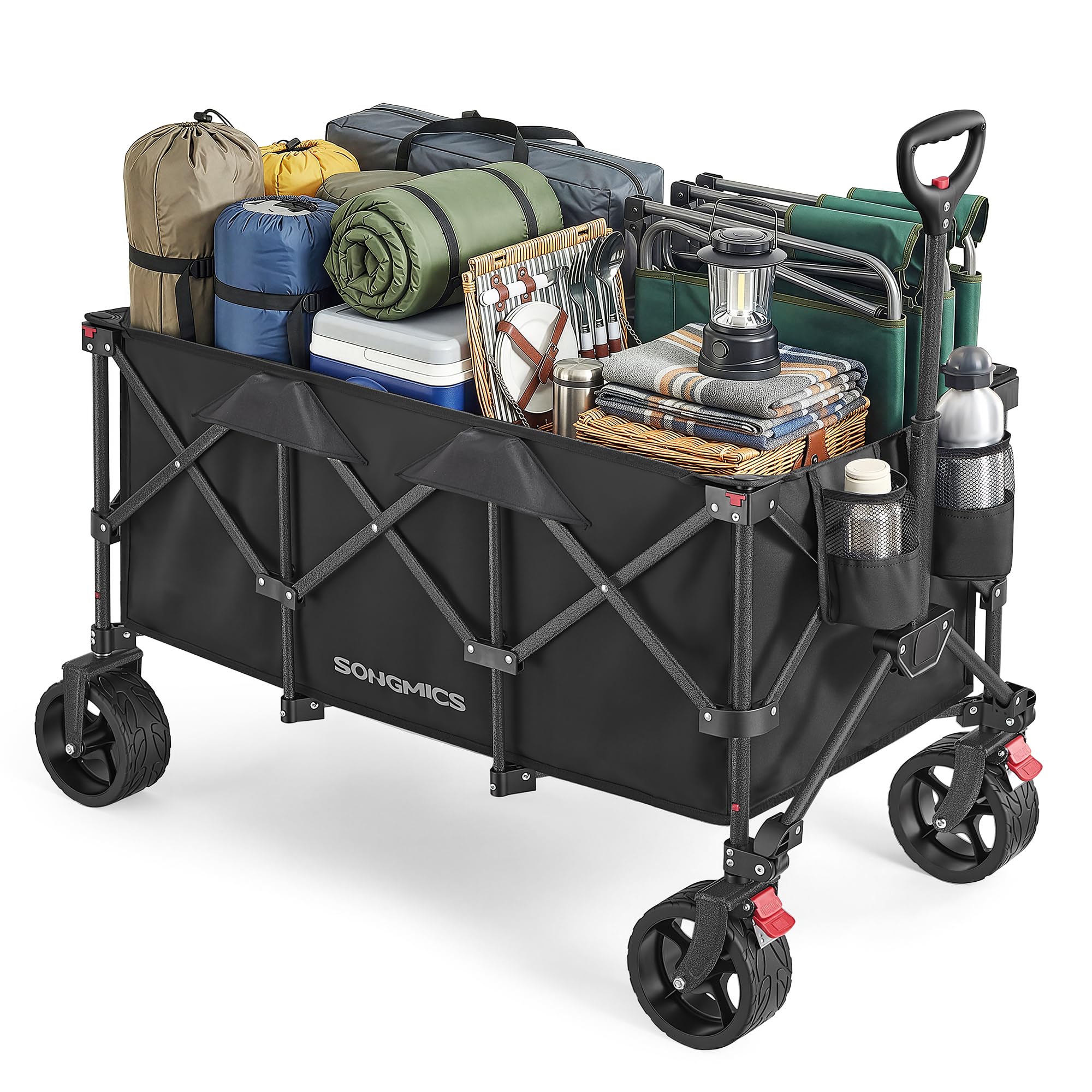 SONGMICS Handwagen faltbar, Bollerwagen, Gartenwagen, Campingwagen mit Griff, 4 abnehmbaren Rollen, Outdoor, Garten, 200 L, bis 150 kg belastbar, tintenschwarz GFW200B101