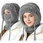 GROTOLY 3 in 1 Beanie Hat with Scarf and Mask,Grey 3 in 1 Beanie Hat for Women,Women's Outdoors ski Windproof Scarf Hat and Mask Set