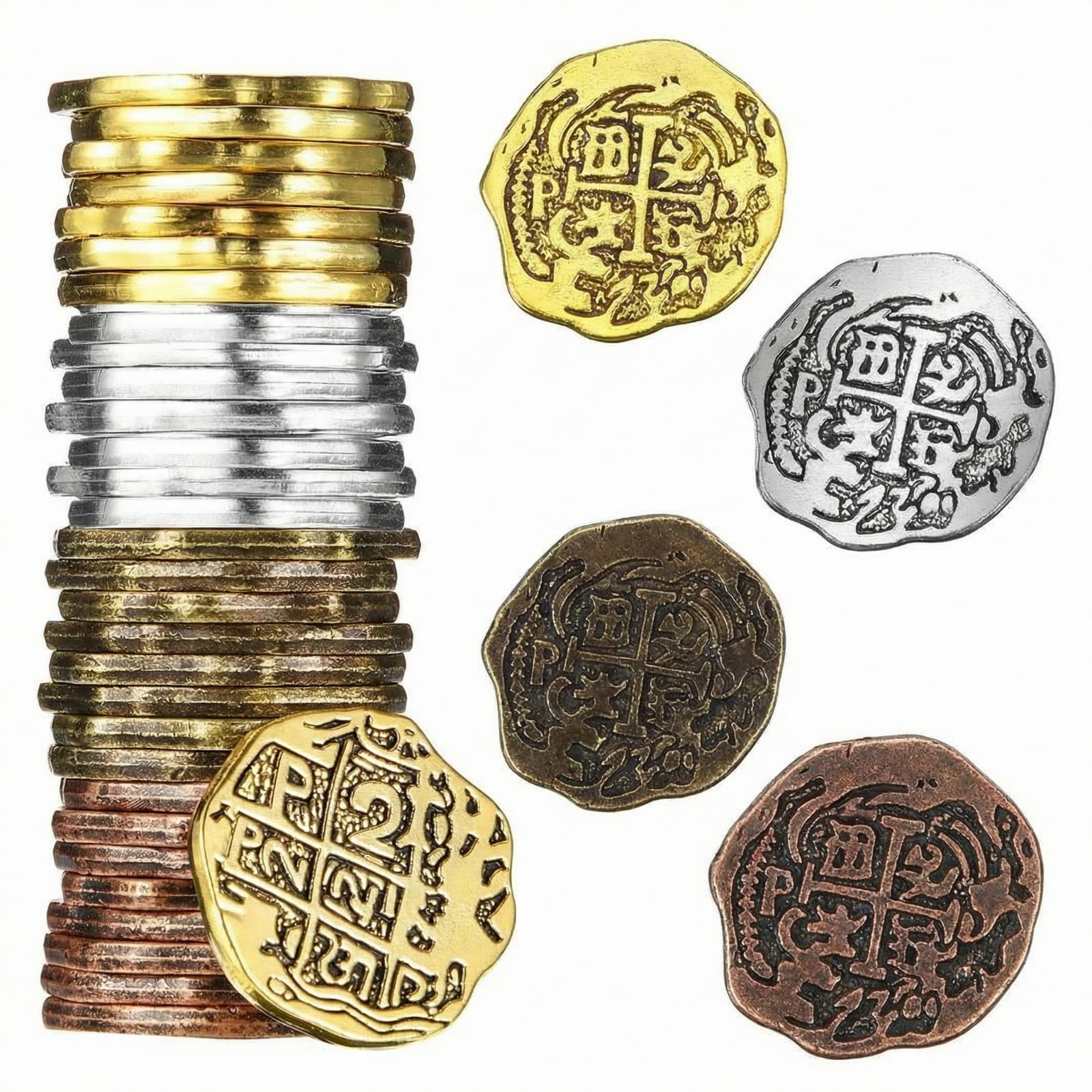 Hicarer 35 Pieces Gold Metal Pirate Coins Bulk Fake Pirate Treasure Coins Poker Chips Set Toys Accessories for Board Games Party Favor Decorations, Red Antique Bronze, Antique Gold and Silver