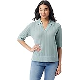 Gloria Vanderbilt Womens Peggy 3/4 Sleeve Collared V-Neck Knit Pullover Standard