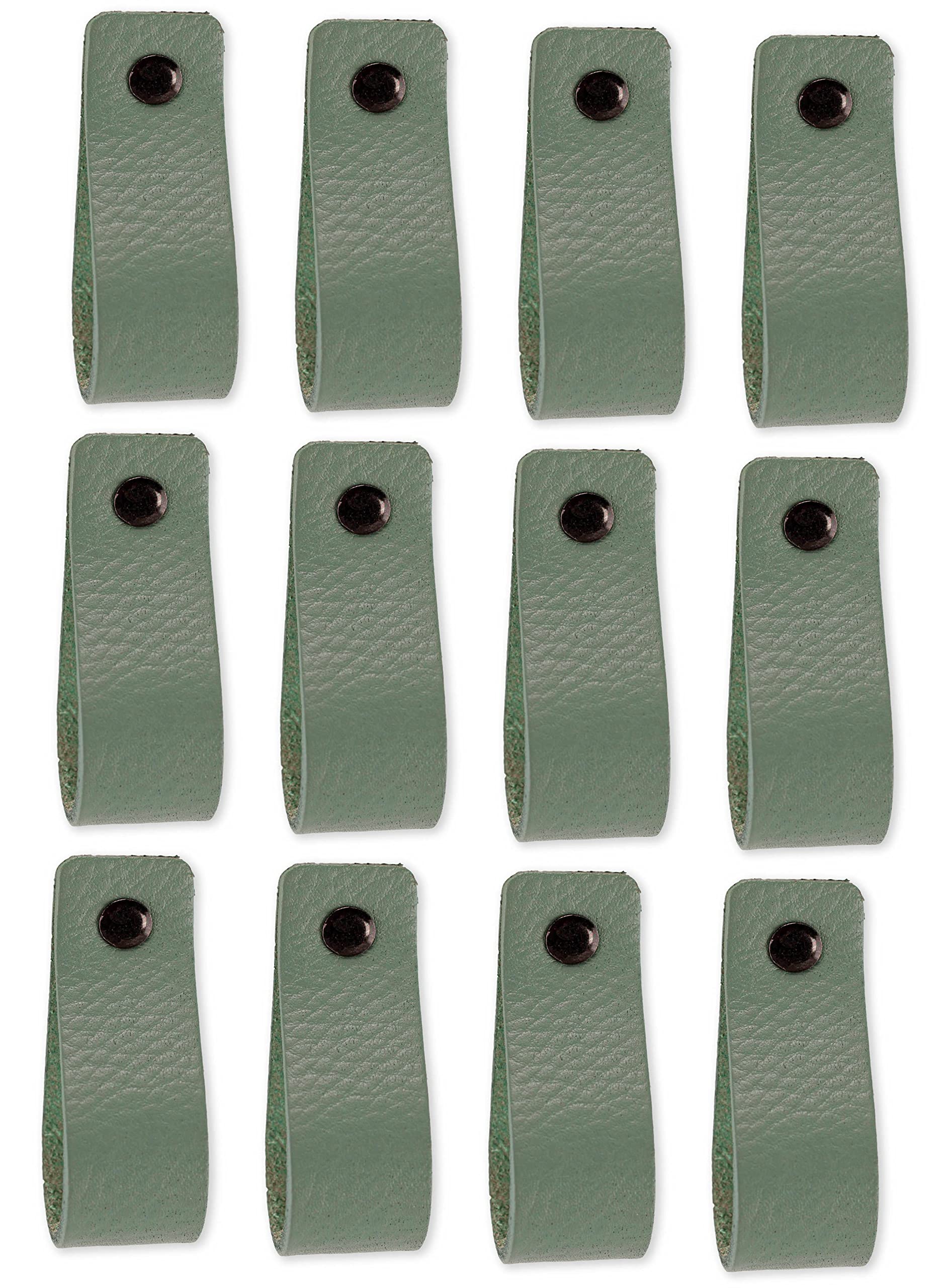 Brute Strength - Pale Green Leather Cabinet Handles - 12 pcs - 16.5 x 2.5 cm - Industrial Style - Cabinet & Door Handles for Kitchen, Bathroom, Dresser & Closet