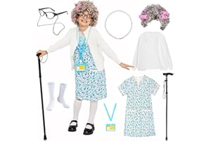 FAYBOX Old Lady Costume for Kids,Old Lady Wig 100 Days of School Costume for Girls,Halloween Granny Glasses Grandma Dress Up