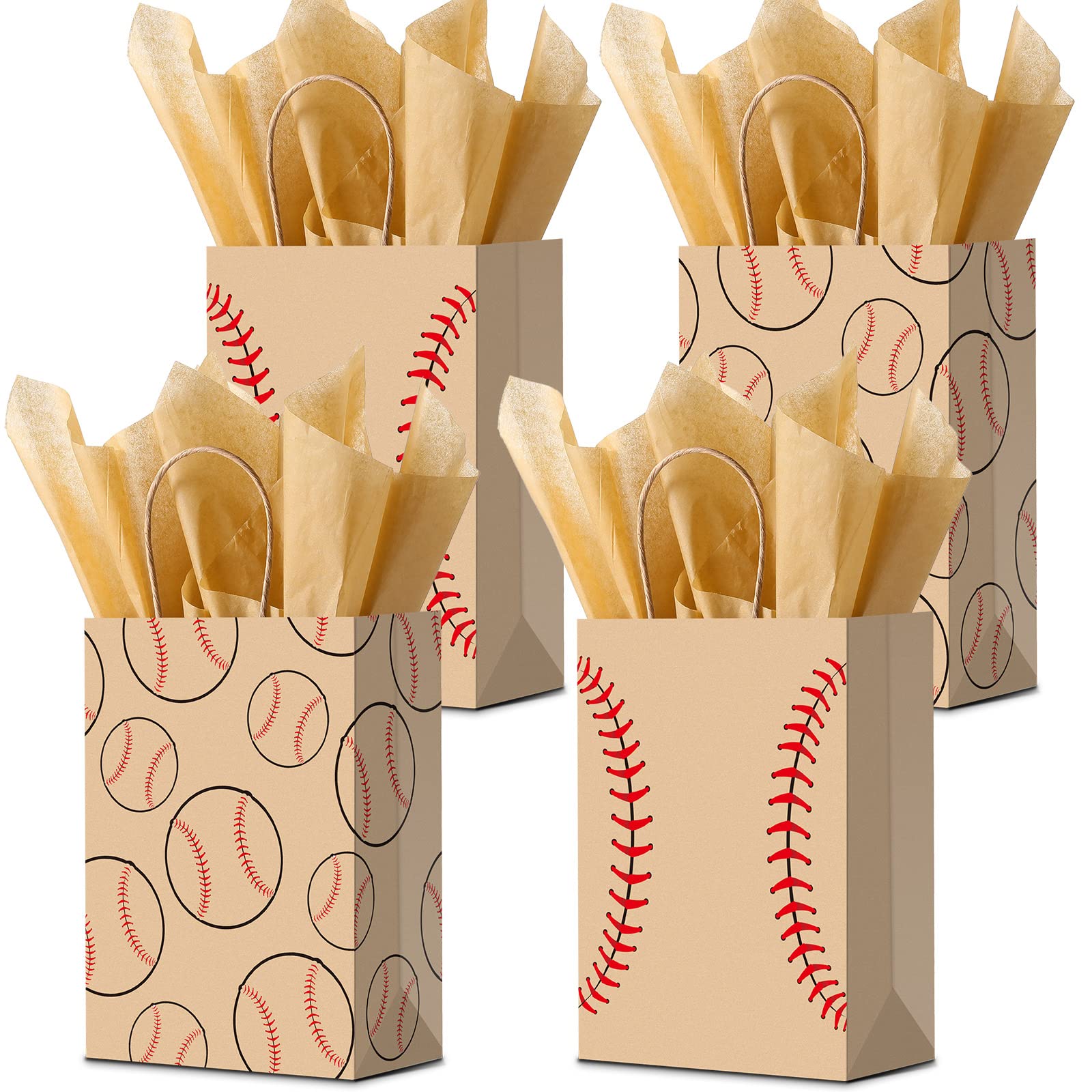 16 Pieces Baseball Gift Bags with Tissue Paper Bags with Handles Baseball Party Favors Baseball Party Decorations Baseball Wrapping Baseball Goodie Bags Baseball Treat Bags for Team, 2 Style (Brown)