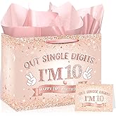Large Sweet 10th Birthday Gift Bag for Girls Rose Gold Double Digits 10 Gift Bag with 10th Birthday Wrapping Paper and Card Pink Happy Out Single Digits Party Decor for Girls Ten Year Old Bday