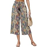 LOMON Women's Linen Capri Pants Wide Leg with Drawstring Elastic Waist Casual Cropped Pant