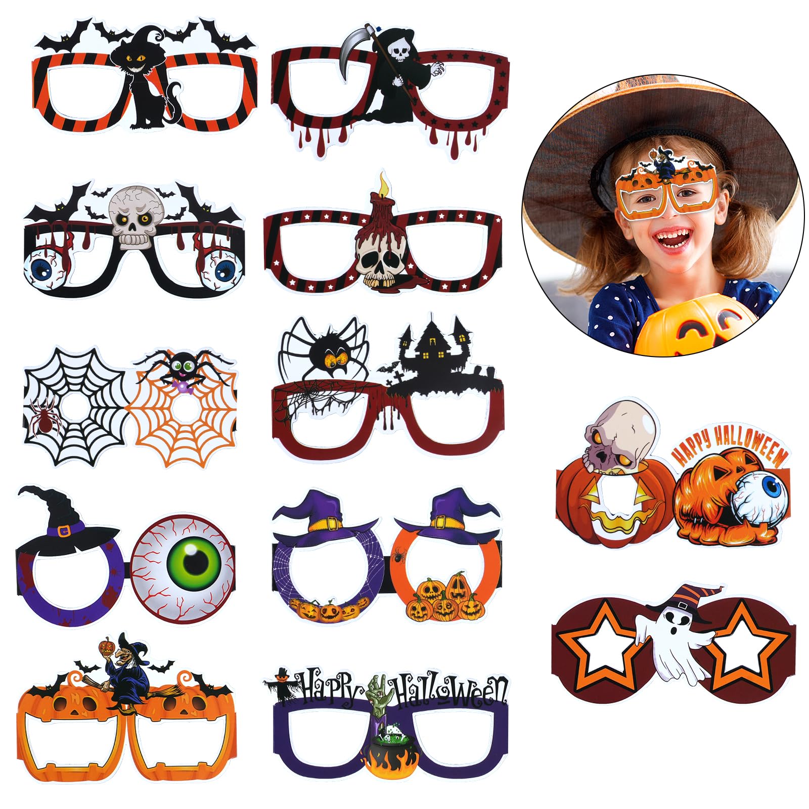 Ainiv 12PCS Halloween Paper Glasses, Pumpkin Bat Spider Ghost Glasses Set, Fun Novelty Toy Glasses for Cosplay, Ideal Halloween Decorations for Both Kids and Adults, Perfect for Halloween Party Favors