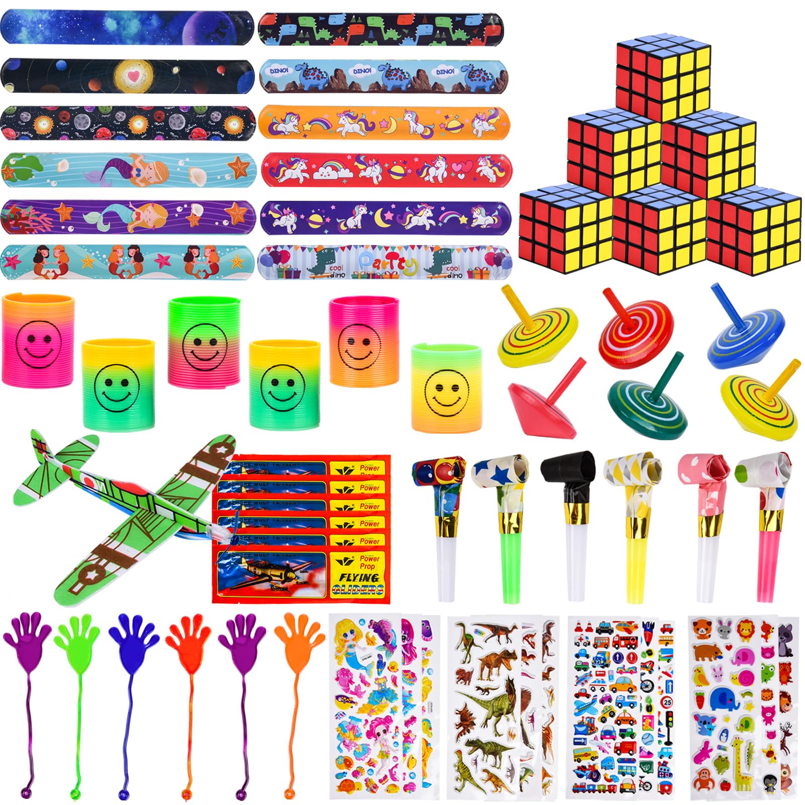 Herefun Party Bag Fillers for Kids, 60pcs Pinata Fillers Slap Bands Rainbow Spring Mini Rubix Cubes Kids Tattoos Assorted Toys for Boys Girls Birthday Christmas Party Gift