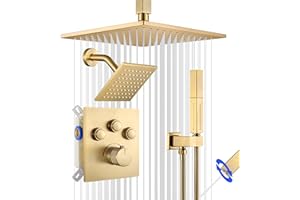 SHOYELA Thermostatic Shower System Brushed Gold, Push Button Diverter Shower Faucet with 2 in 1 Handheld, Ceiling Mount 12 Inch Shower Head with 6 Inch Wall Mount Shower Head