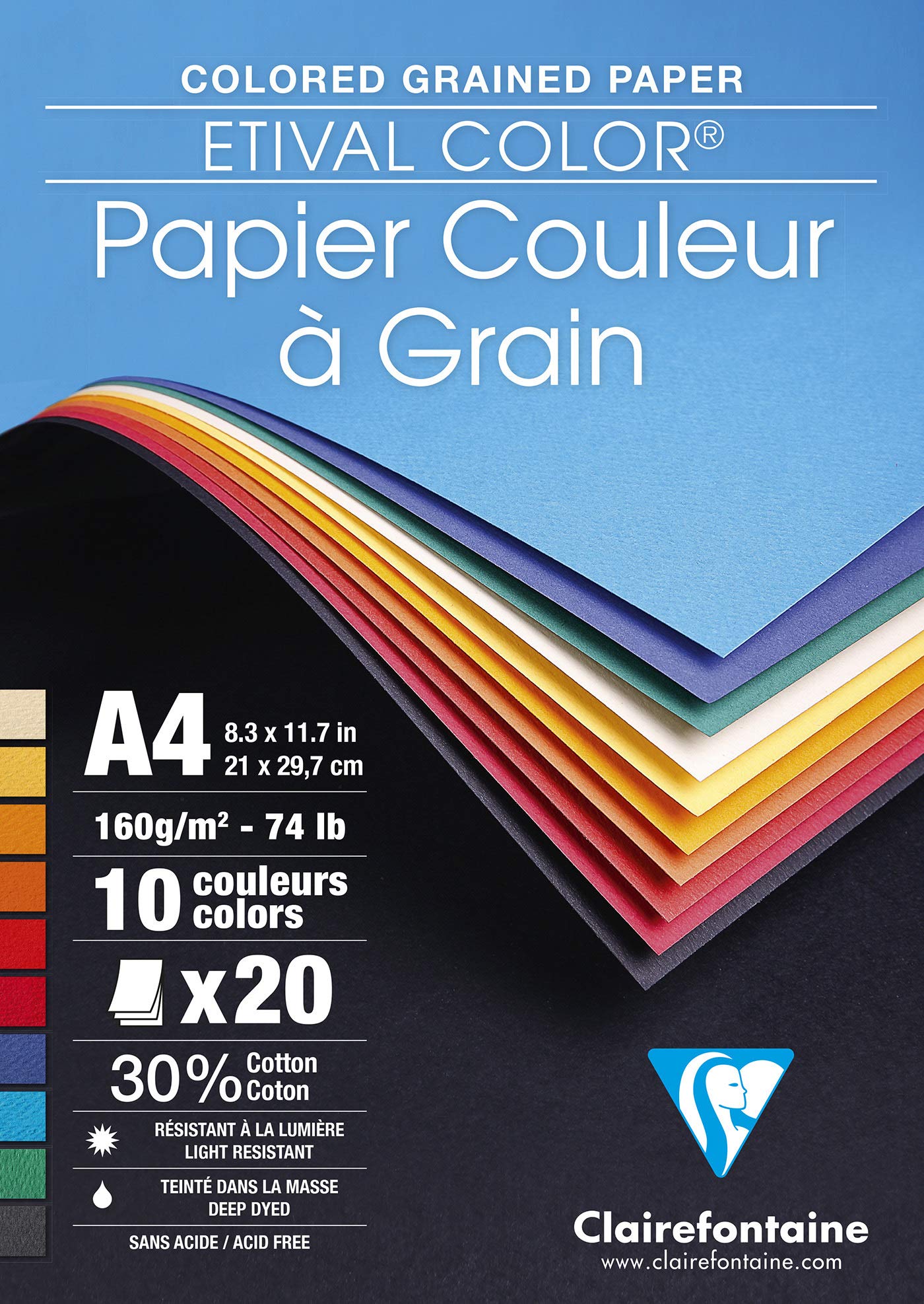 Clairefontaine - Ref 96635C - Etival Coloured Grained Drawing Paper (Pack of 20 Sheets) - A4 (29.7 x 21cm) - 160gsm Cellulose Art Paper - Assorted Colours - Acid Free, pH Neutral