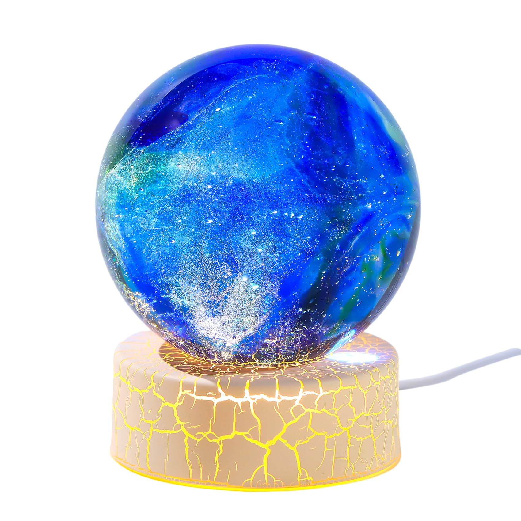 Movdyka Handmade 3.15" Crystal Ball Gifts for Man Cosmic with Warm Night Lights Blown Natural Witchcraft Crystal Meditation Sphere for Women Astronomy Ornament for Home Decor (Blue)