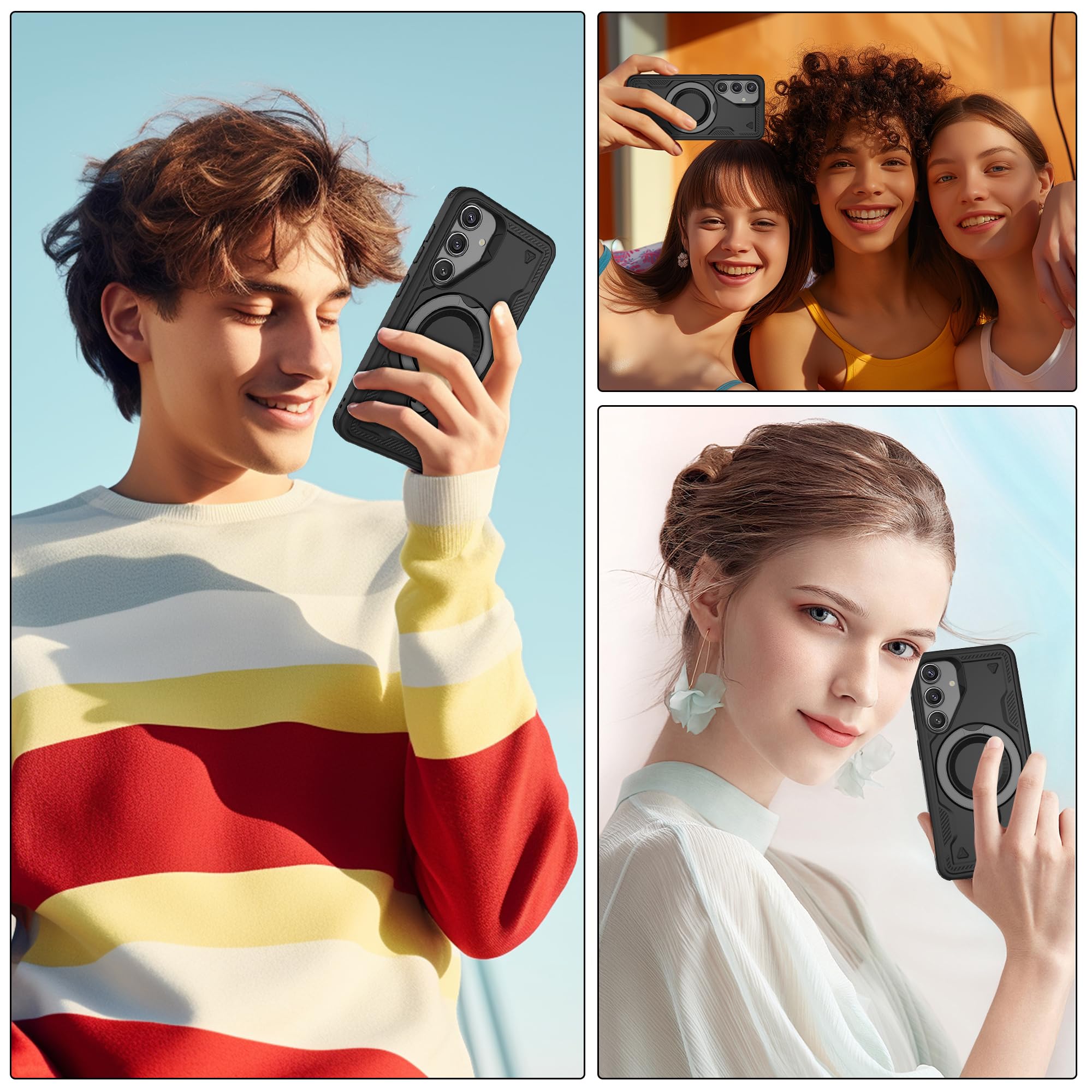 Jshru Samsung Galaxy S24/S25 Hülle Kompatibel mit Magsafe Handyhülle, mit 2Stk HD-Schutzfolie Magnetische Schutzhülle, 360° Drehbare Ringhalter Stoßfeste Case für Samsung Galaxy S24/S25,Schwarz 7