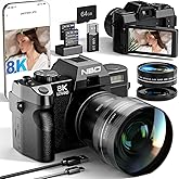 NBD 8K 64MP Digital Cameras for Photography with 16X Zoom,2026 Upgraded Autofocus Vlogging Camera with 180°Flip Screen,Point and Shoot Digital Cameras with 2 Batteries,64GB Card,52mm Macro Lens(Black)