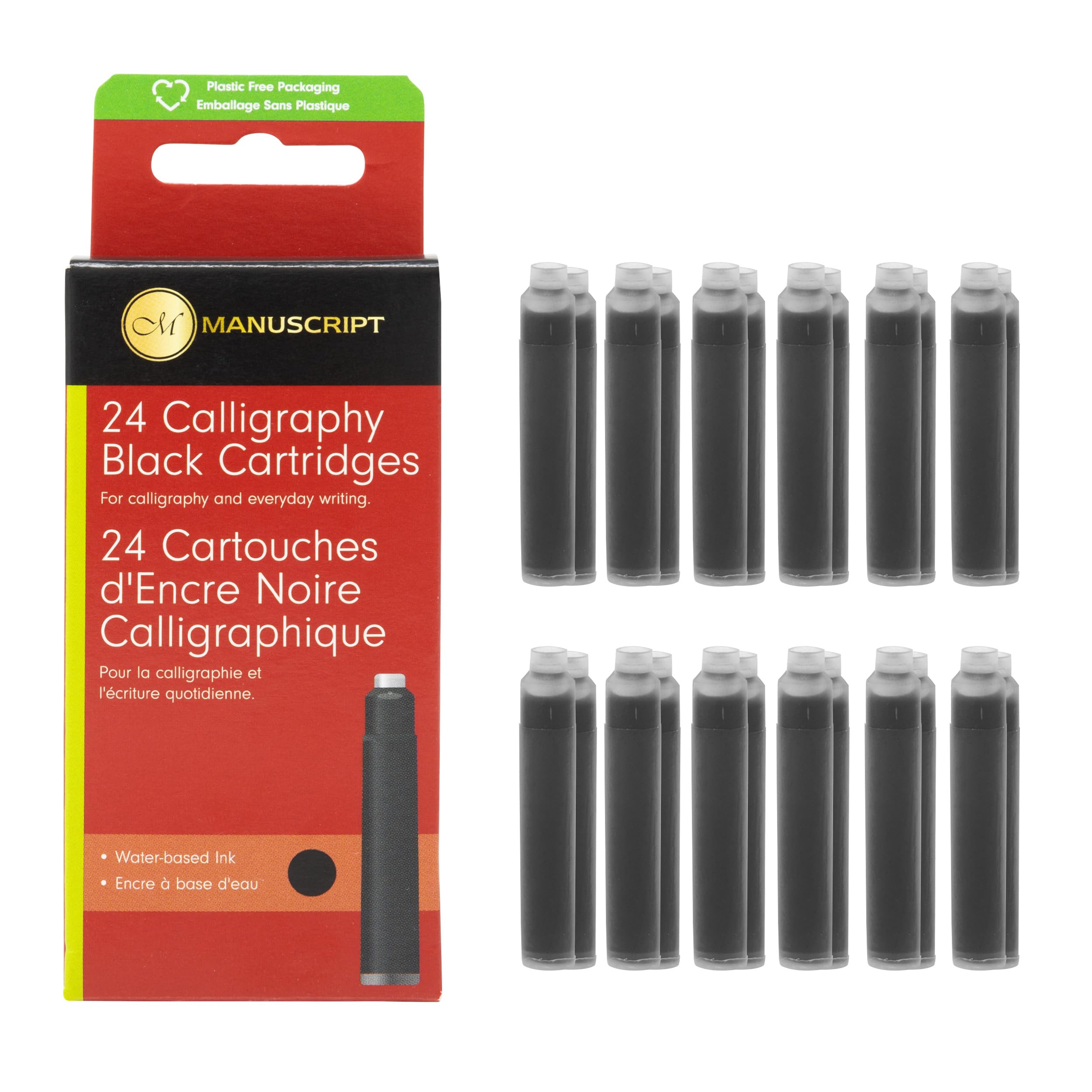 Manuscript Black Ink Cartridges (Pack of 24) - Calligraphy Ink Cartridges for Fountain Pens, Compatible with International Size Fountain Pen, Perfect for Creative Writing