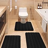 Striped Black Bathroom Rug Set 3 Pieces Ultra Soft, Non Slip Chenille Toilet Mat, Absorbent Plush Shaggy Bath Mats for Bathro