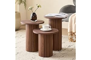 Lecafur HL 3-Piece Nesting Coffee Table Set, Modern Small Round Wood Side Tables, Fluted Drum Base, for Living Room Bedroom Apartment Small Space, Brown