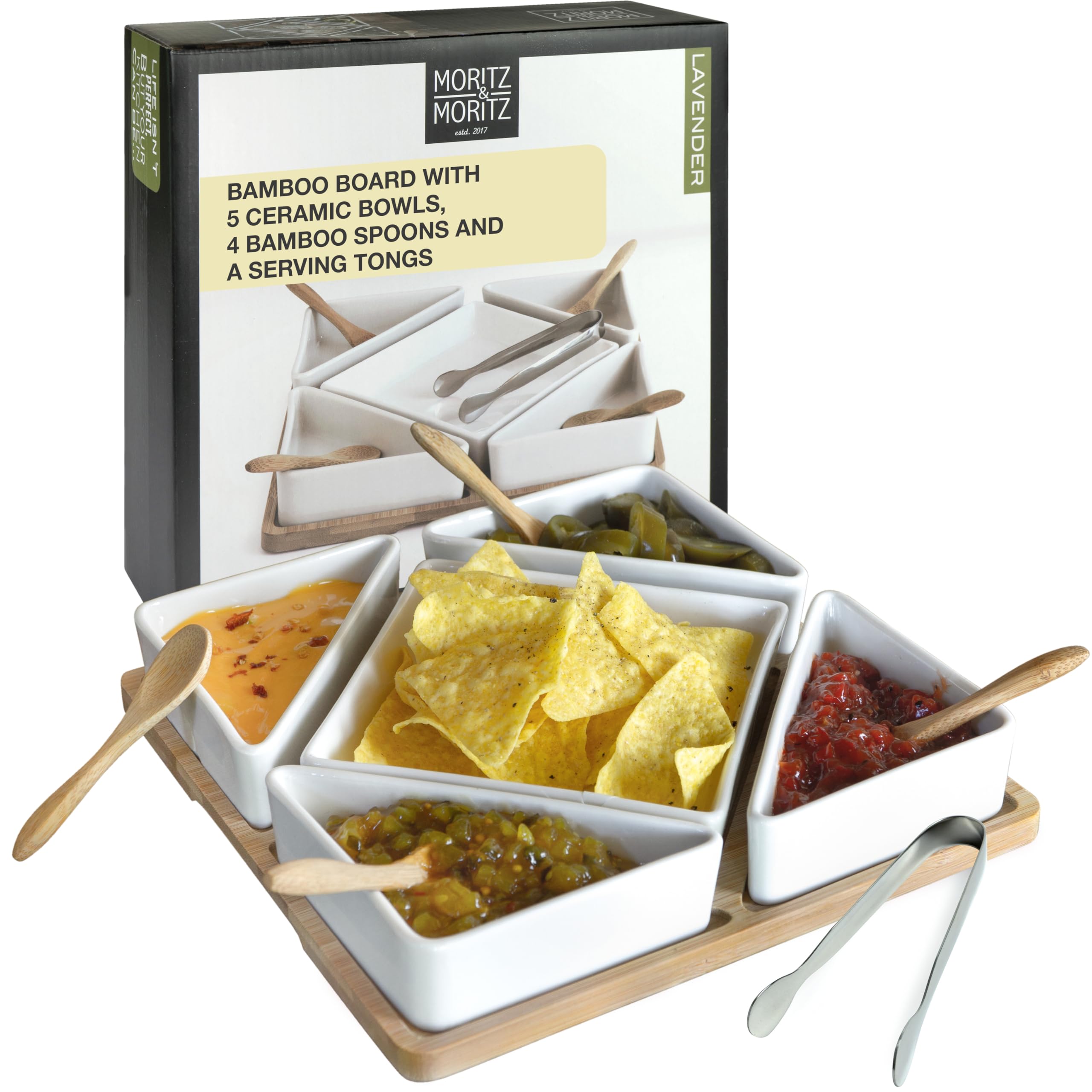 Moritz & Moritz 5X White Dip Bowl Set with Wooden Tray - Snack Bowls Ceramic - Serving Set with Spoons