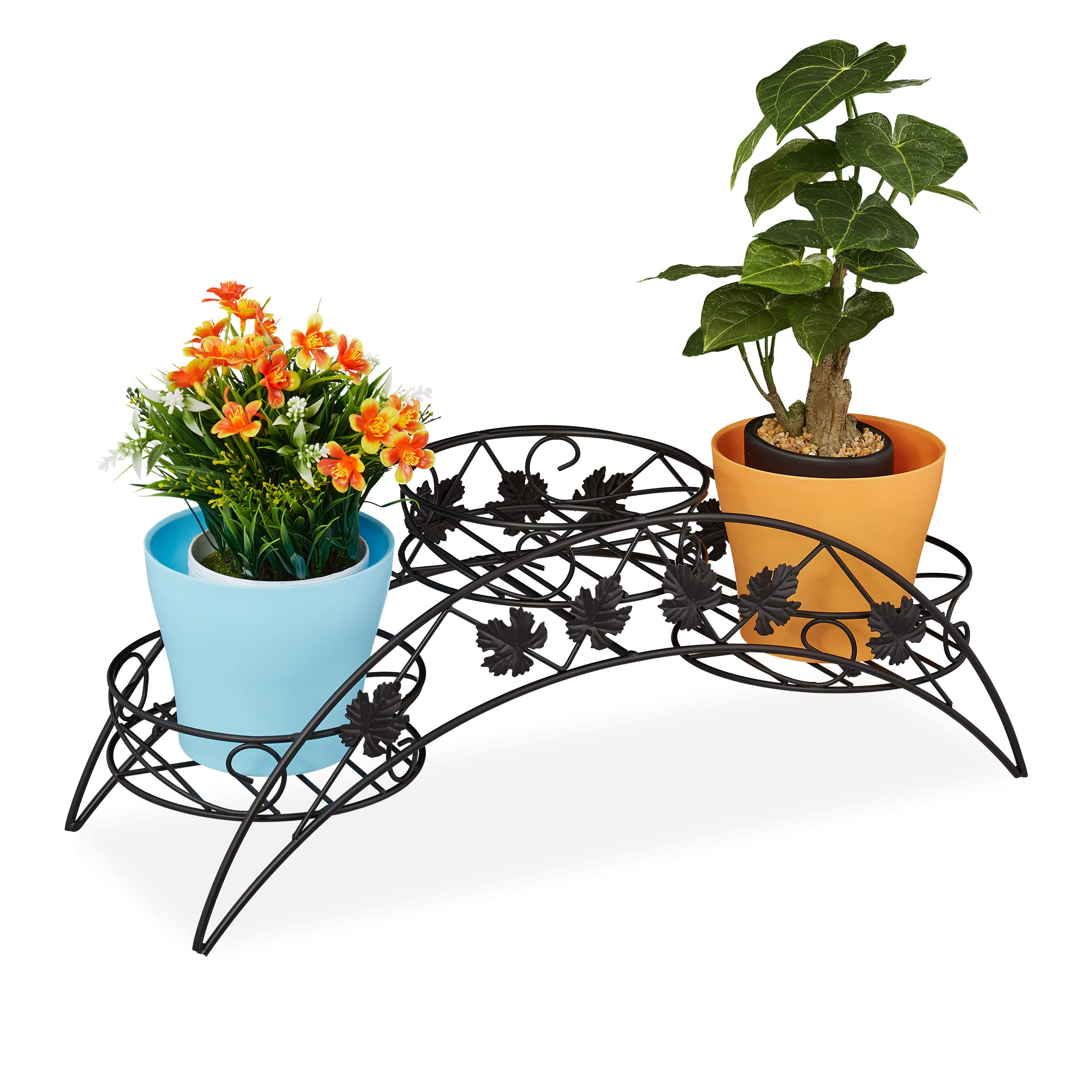 Relaxdays Plant Stand, Flower Rack with 3 Shelves, Indoors, Outdoors, H x W x D: 21 x 55 x 19 cm, Metal, Black
