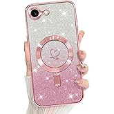 Bonoma Compatible with iPhone 16e Case Support for MagSafe, Plating Heart Glitter Magnetic Case TPU Camera Protection Back Cover for Phone Case -Pink