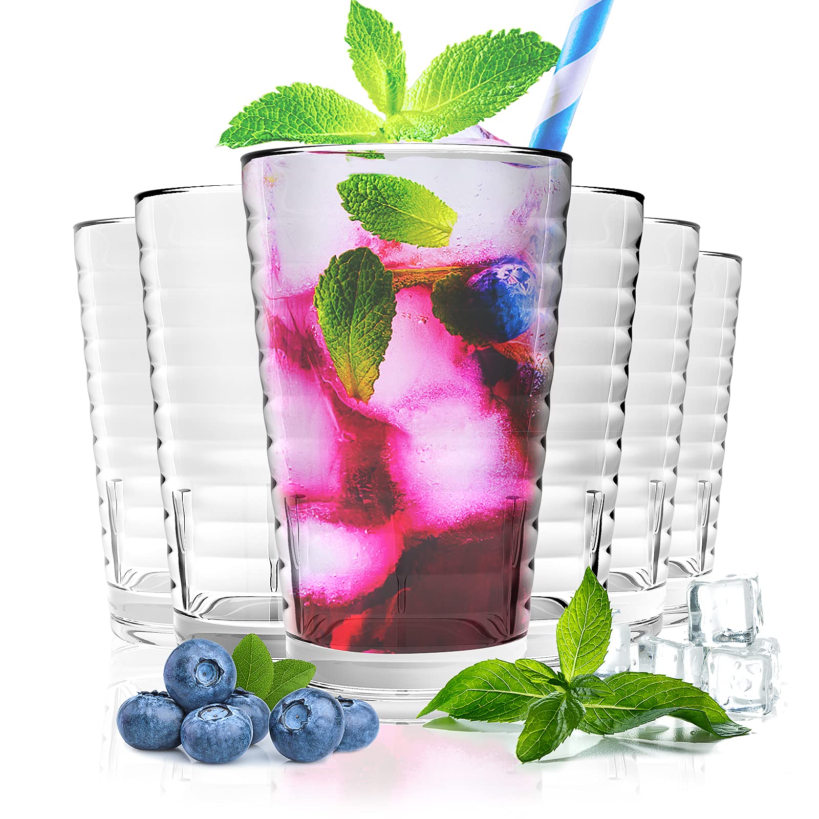 ALIMOTA Plastic Glasses 385ml Stackable Set of 6, Dishwasher Safe Tumblers Cups Acrylic Drinking Glasses, Water Juice Cocktail Glasses Camping Portable Cups Picnics BBQ’s Parties (Clear-6 Pack)