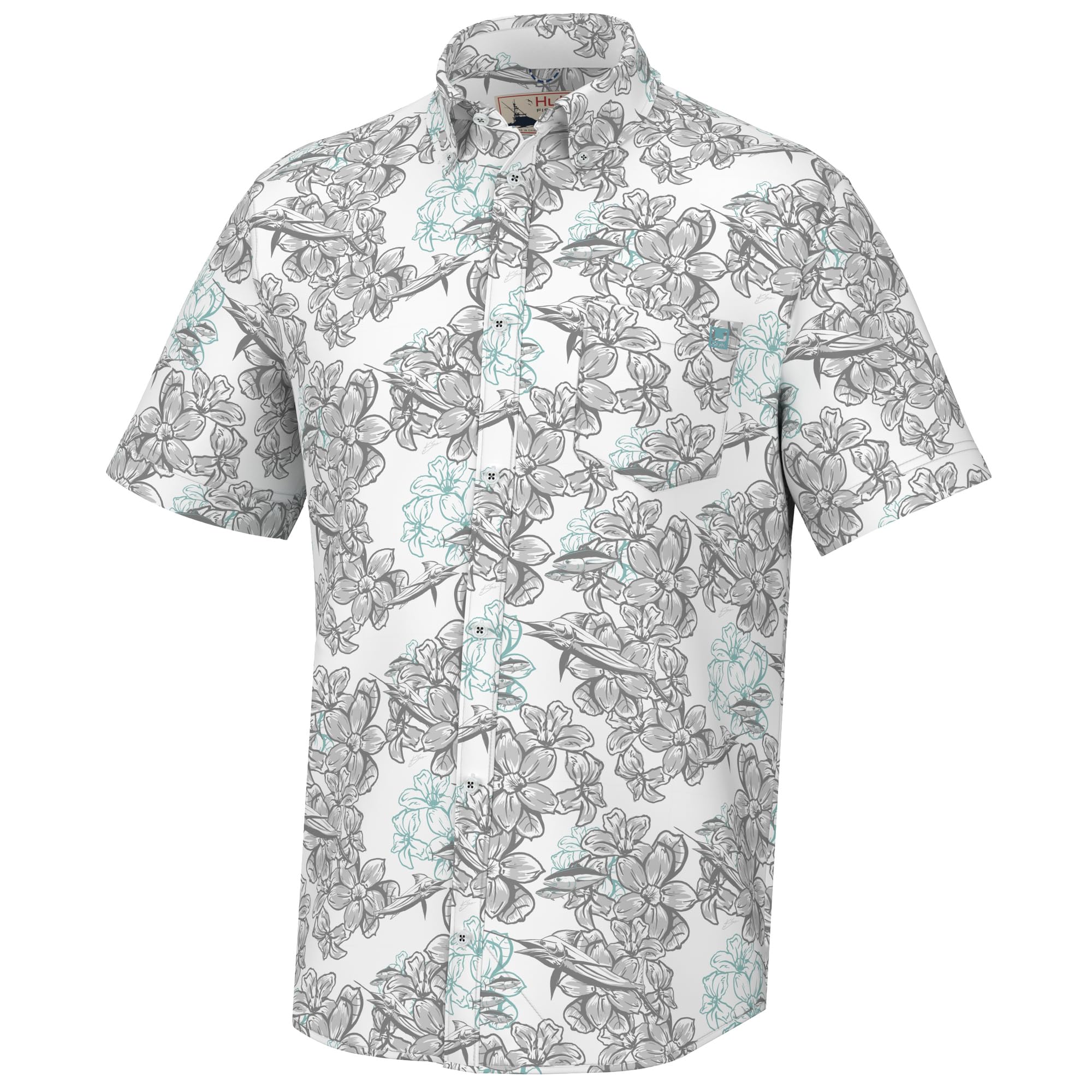 HUK Mens KC Scott Patterned Kona Shirt, Performance Button Down Shirt, Desert Rose - White, Small Image