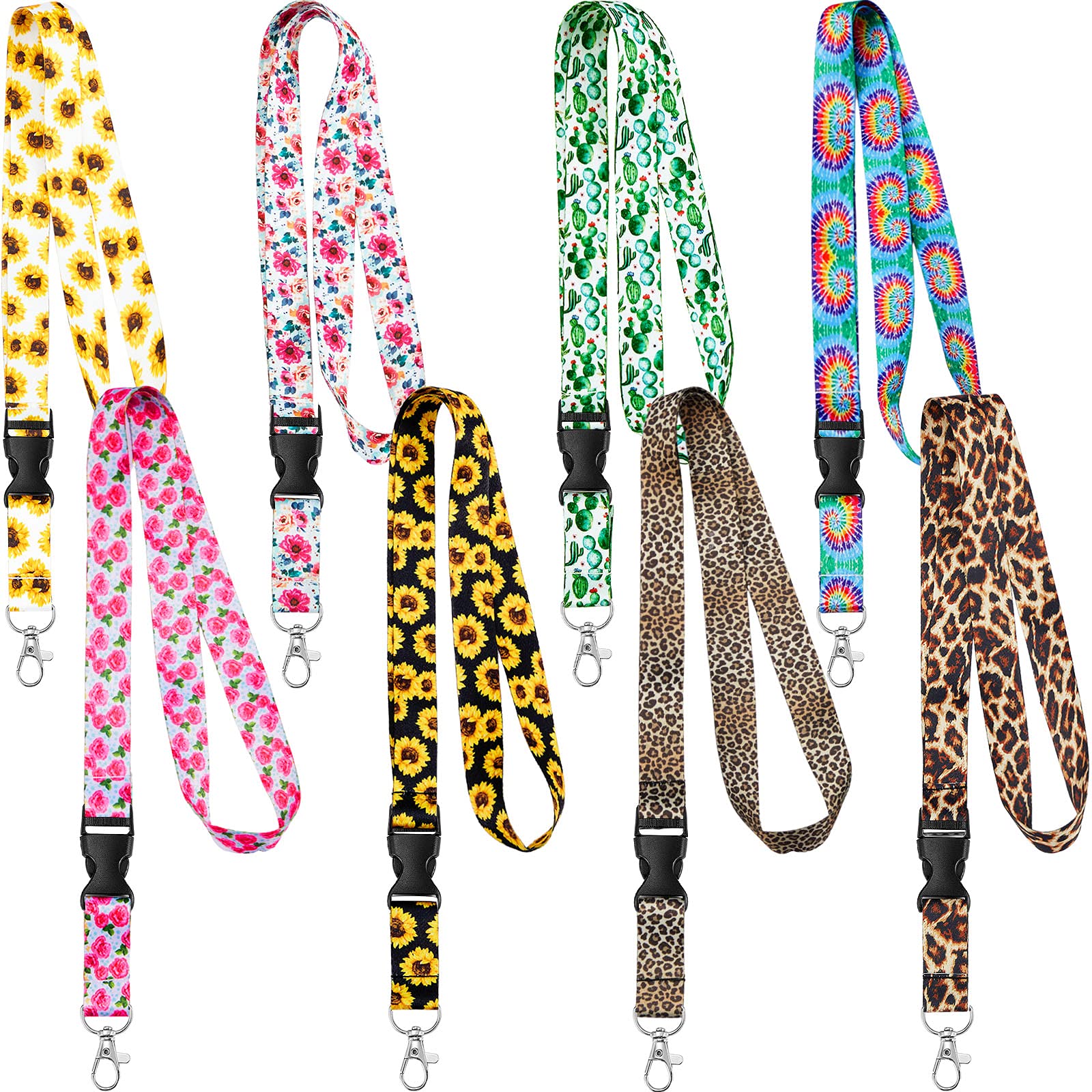 8 Pieces Key Lanyard ID Lanyards Neck Strap Key Chain Holder University Lanyard Wristlet Lanyard with Removable Buckle for Women Men (Flower)