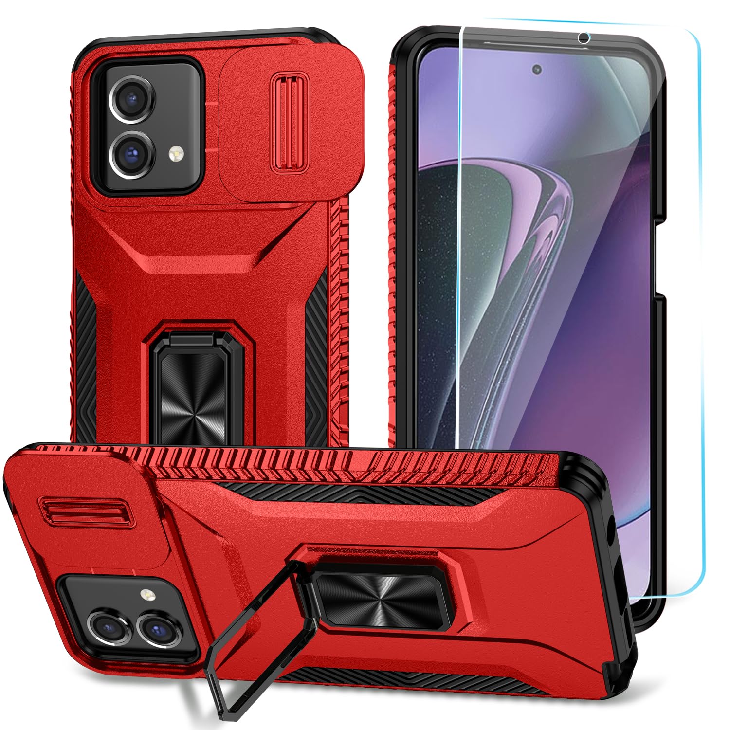SunStory Phone Case for Motorola Moto G Stylus 5G 2023 Case with HD Screen Protector & Slide Camera Cover & Kickstand, [Military-Grade] Phone Case for Moto G Stylus 5G 2023 (Y_Red)