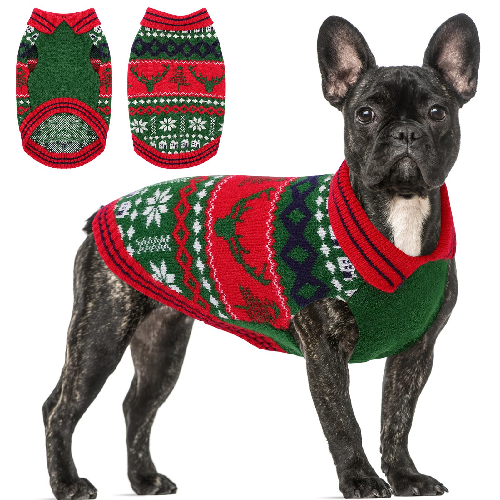 Photo 1 of Queenmore Christmas Dog Sweater,Stylish Lapel Design Large Dog Sweater,Soft Dogs Sweaters for Large Dogs Male Female,Thick Warm Pet Clothes,Reindeer and Snowflake Pattern Winter Pet Clothing,Green,L