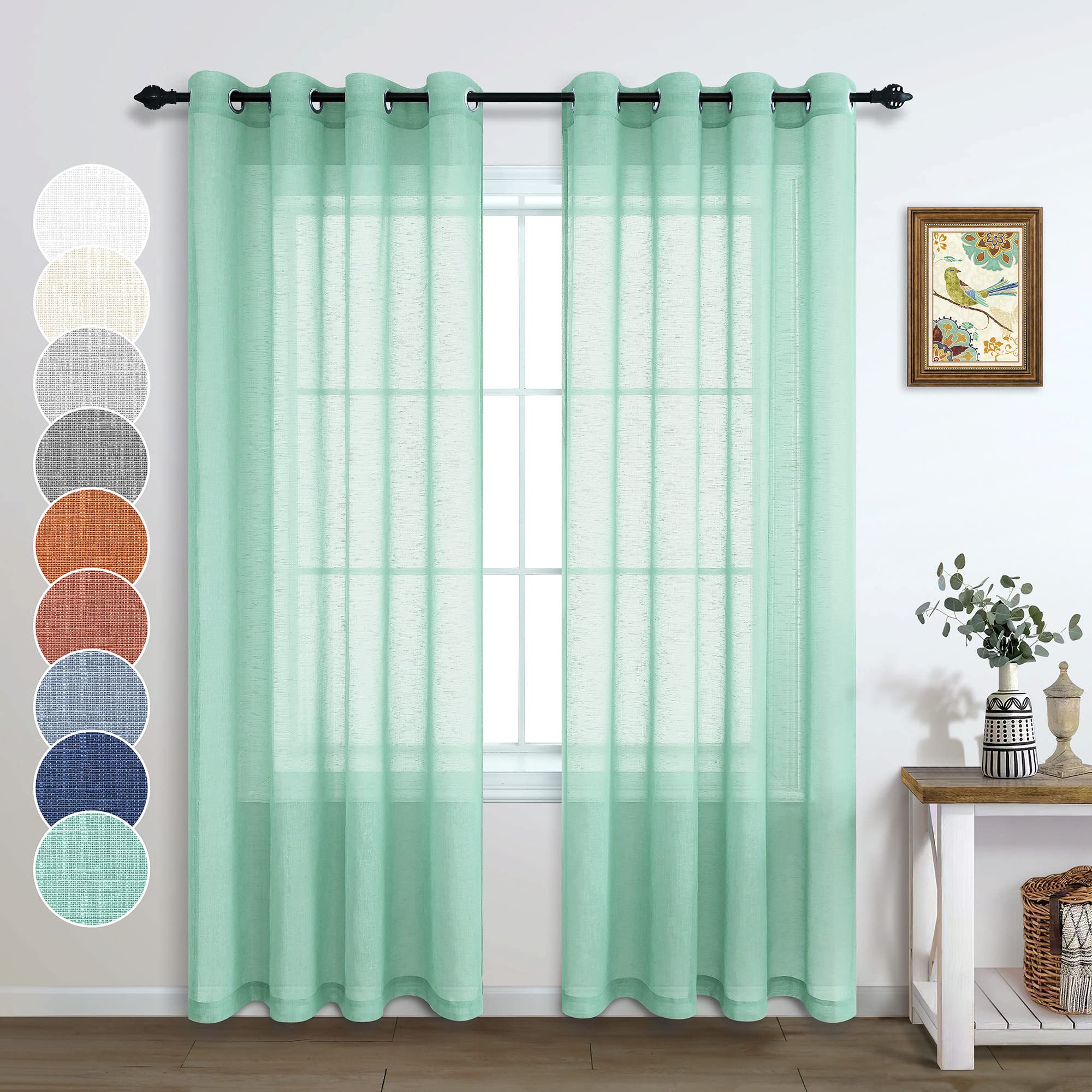 Mint Green Curtains 96 Inches Long for Living Room Set 2 Panels Grommet Window Coverings Linen Look Semi Sheer Aqua Seafoam Fresh Curtains for Dining Room Bedroom Shabby Chic Coastal Beach Theme 8 FT