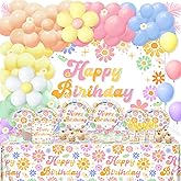 Lecheme Daisy Birthday Party Decorations 300 Pcs Groovy Flower Plates Napkins Cups Banner Tablecloth Balloons Retro Hippie Birthday Party Supplies for Girl Serve 24