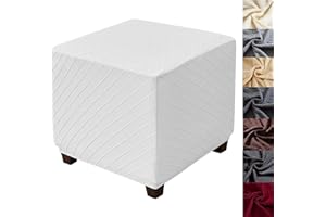 ANWUCHEN Ottoman Cover - Stretch Knitted Jacquard Slipcover - Thick Storage Ottoman Covers - Small White