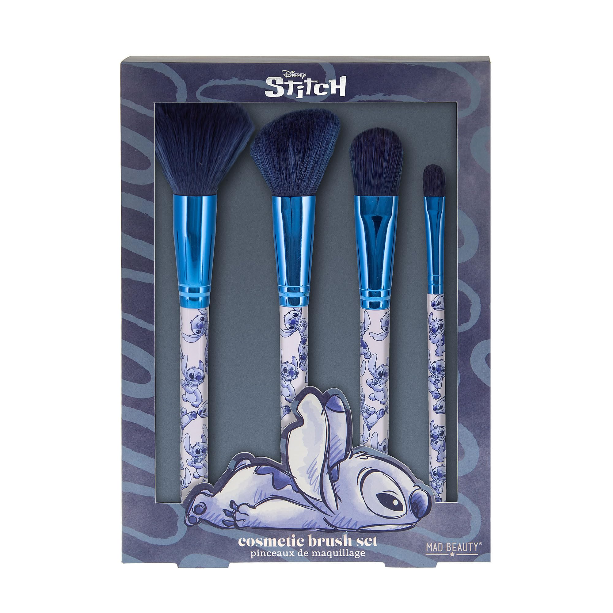 Stitch Cosmetic Brush Set Makeup x4 | MAD Beauty | Cute Disney Character Denim Design, Powder Blush Blending Eyeshadow, Gift for Women, Girl - Blue