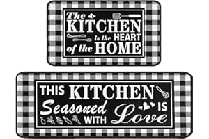 Sunopas Buffalo Plaid Kitchen Rug 2 Pieces Set, Washable Non-Slip Kitchen Sink Decor Carpet, Home Black and White Cushioned Kitchen Floor Standing Mats 17"x47"+17"x30"