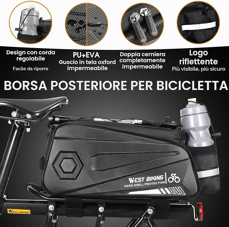Borsa per sedile posteriore della bici, borsa per portapacchi della bicicletta, doppia cerniera impermeabile, borsa cargo per sedile posteriore da ciclismo, con tracolla, cinghia da polso