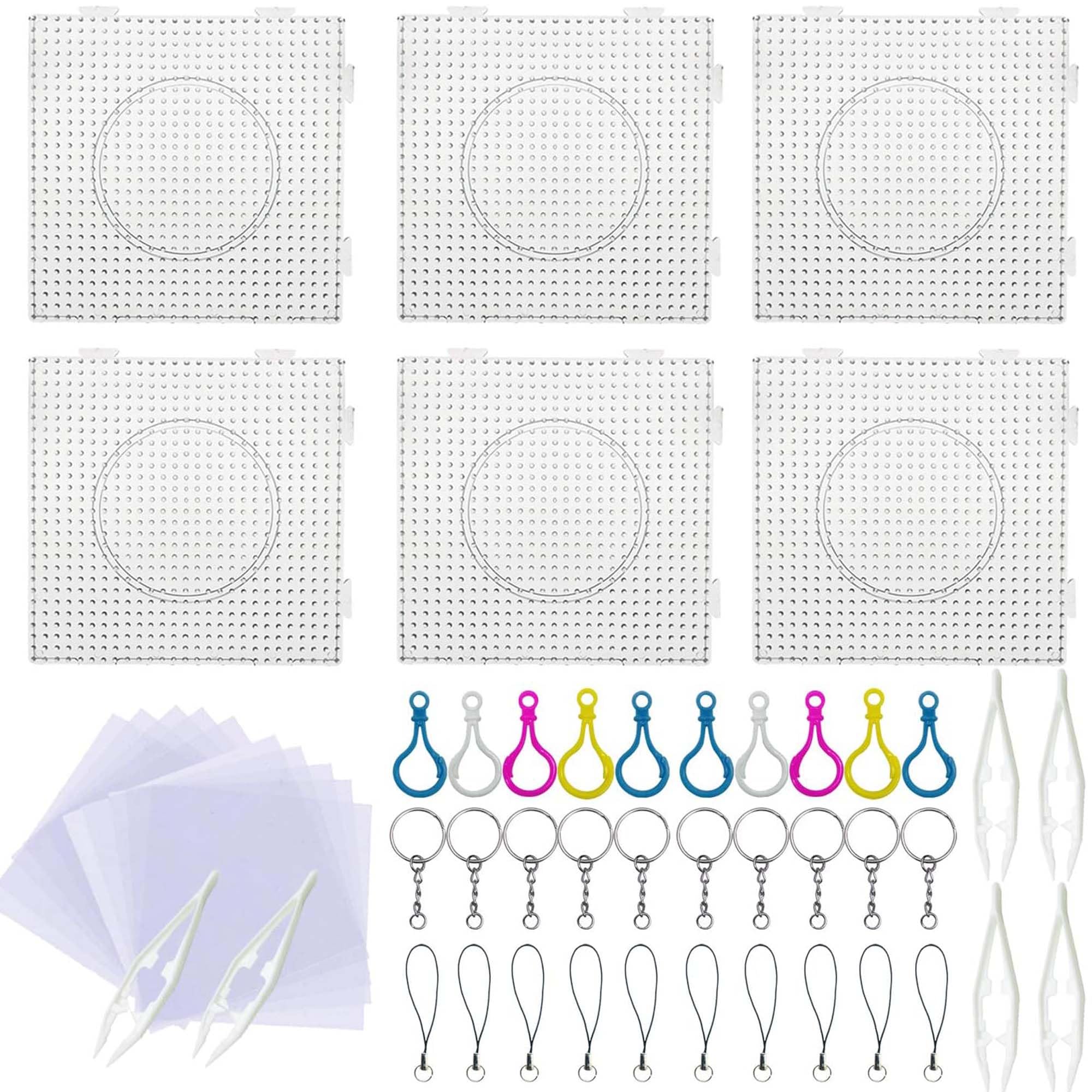 Allazone 5 mm 52 PCS Fuse Beads Boards Set, 6 PCS Large Square Clear Plastic Pegboards with 6 PCS White Beads Tweezers, 10 PCS Ironing Paper and 2 Style Keychain for Kids Craft Supplies