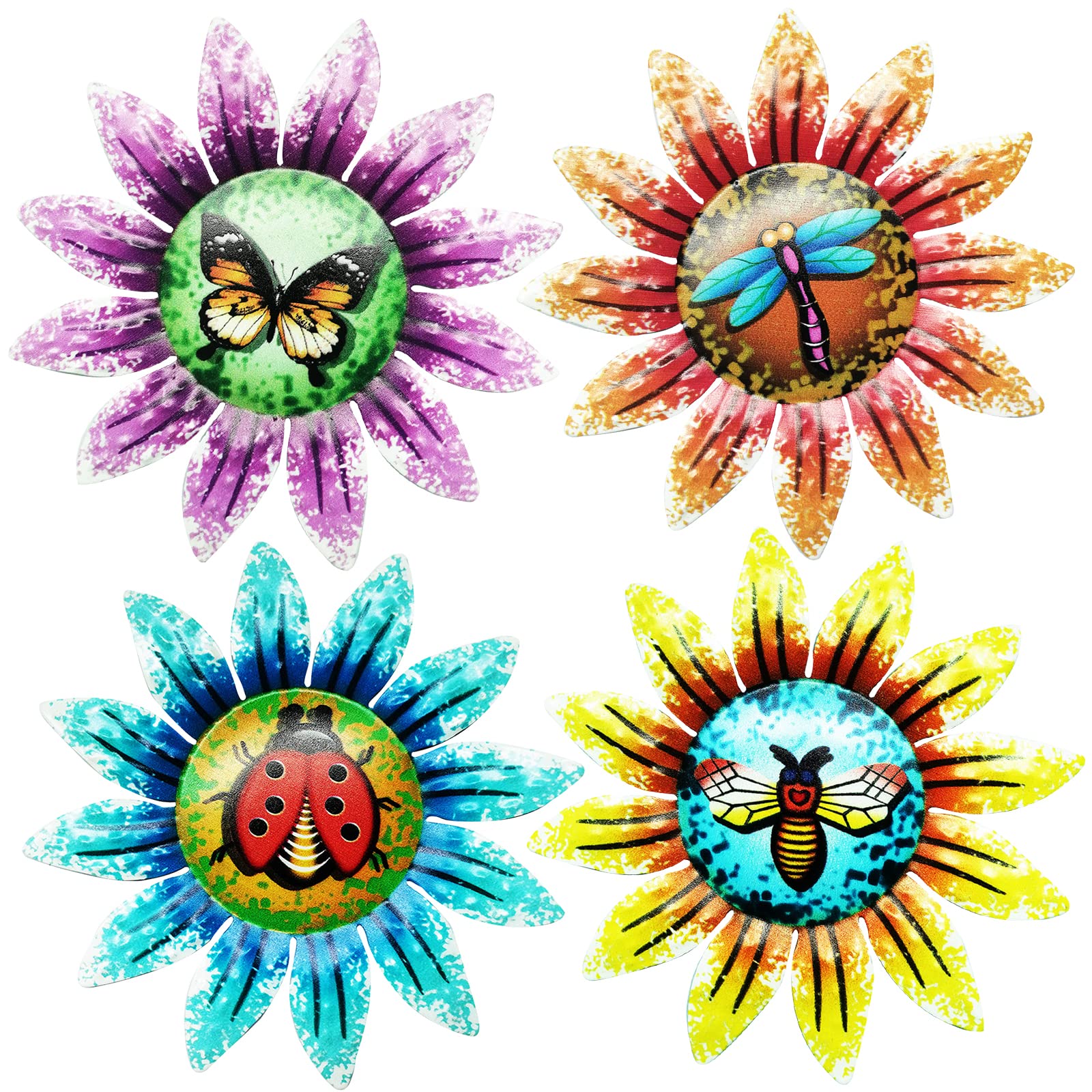 SUNNEKO Metal Flower Garden Ornaments Outdoor, Garden Ornaments Metal Wall Art Deco Hanging Wall Art Decoration Indoor Outdoor fence Yard Shed Fences (4 PCS)