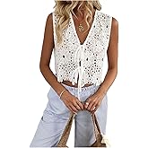 GORGLITTER Women's Tie Front Vest Tops Crochet Eyelet Embroidered Hollow Out Sleeveless Crop Tops Spring Vacation Outfits